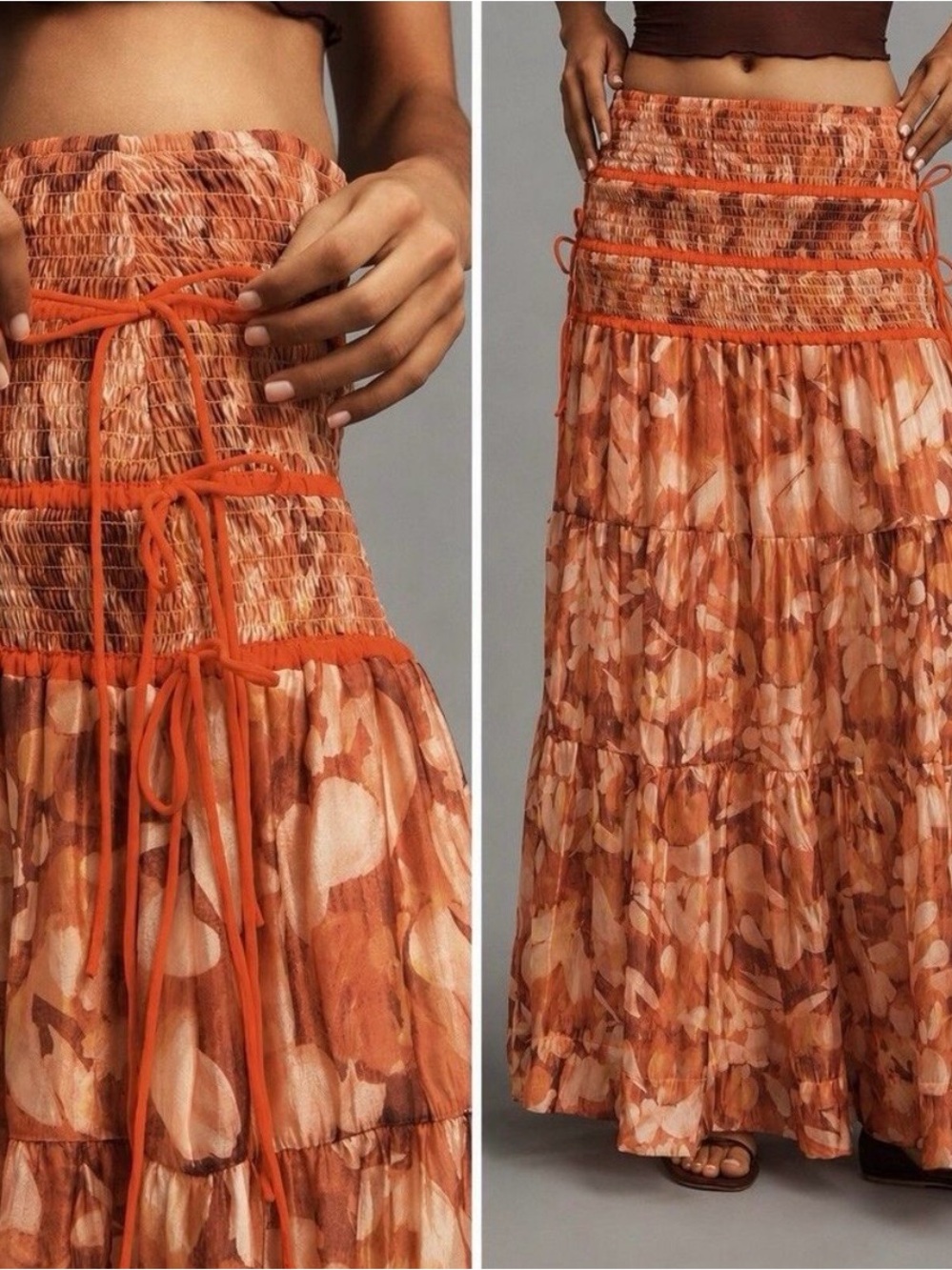 Anthropologie Burnt Orange Tiered Smocked Maxi Skirt